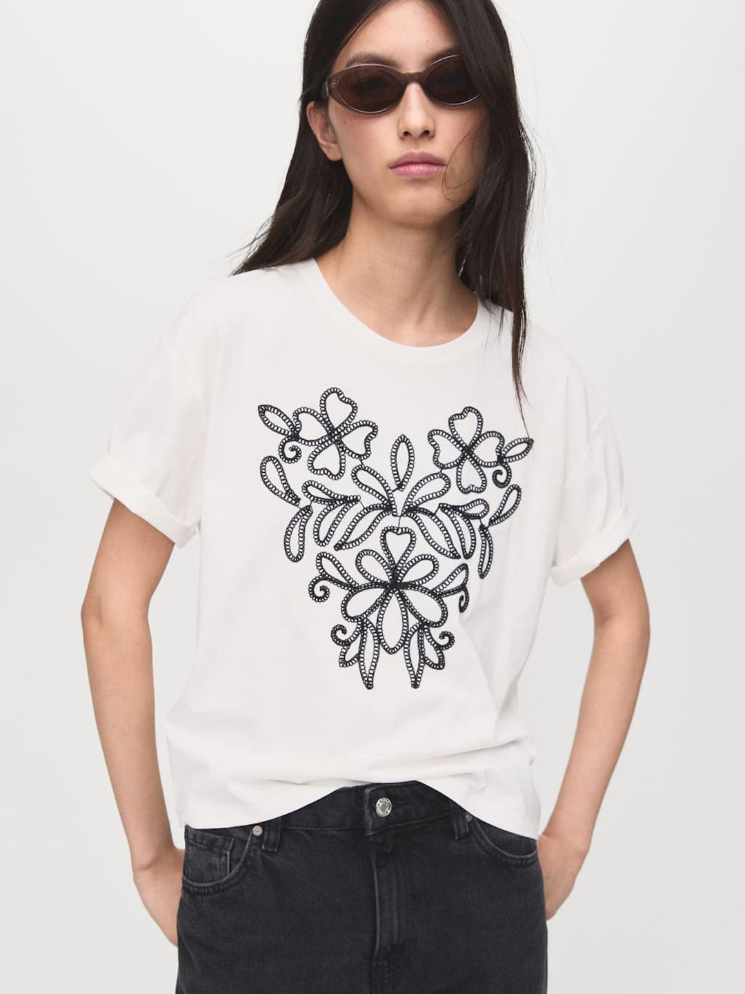 Floral Embroidered Round Neck T-Shirt