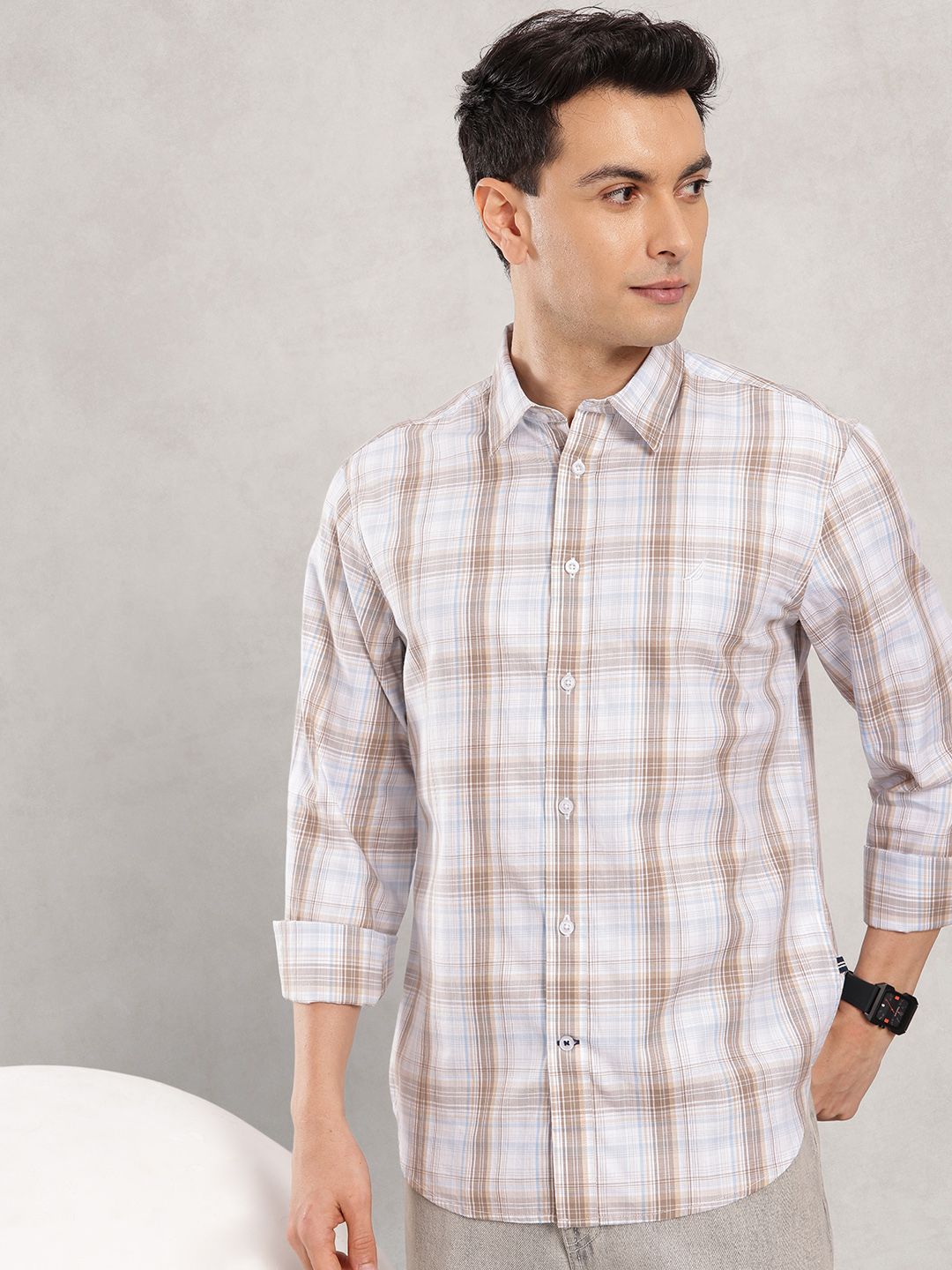 Nautica Slim Fit Checked Pure Cotton Casual Shirt