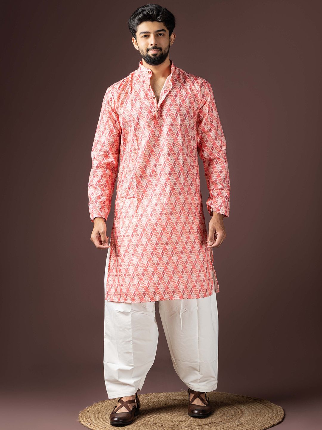 Rawayi Men Ethnic Motifs Printed Band Collar Long Sleeves Cotton Kurta