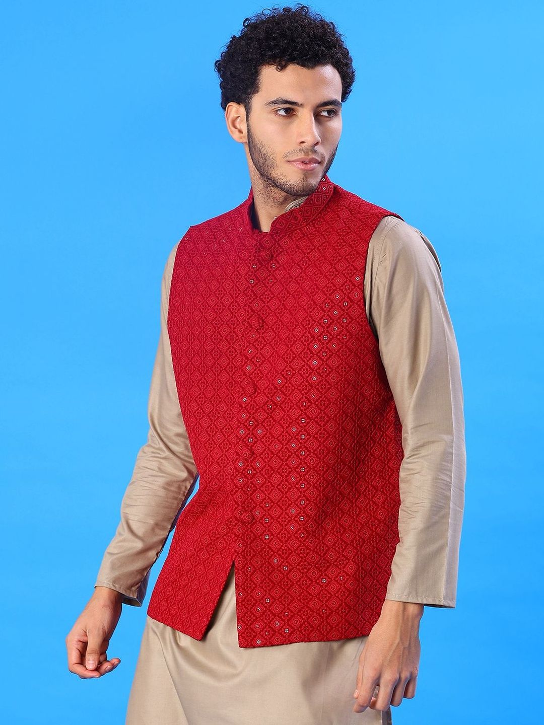 V-Mart Embroidered Mandarin Collar Sleeveless Nehru Jacket