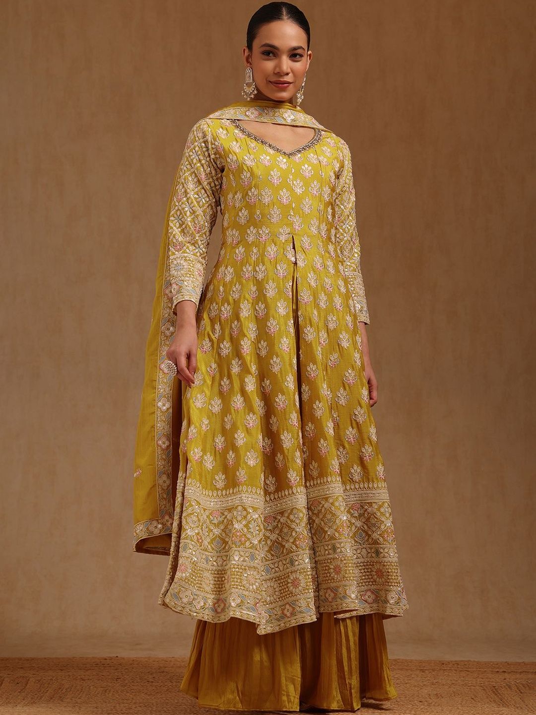 Embroidered Anarkali Kurta Set Soch Women Ethnic Embroidered Panelled Thread Work Kurta with Palazzos & With Dupatta