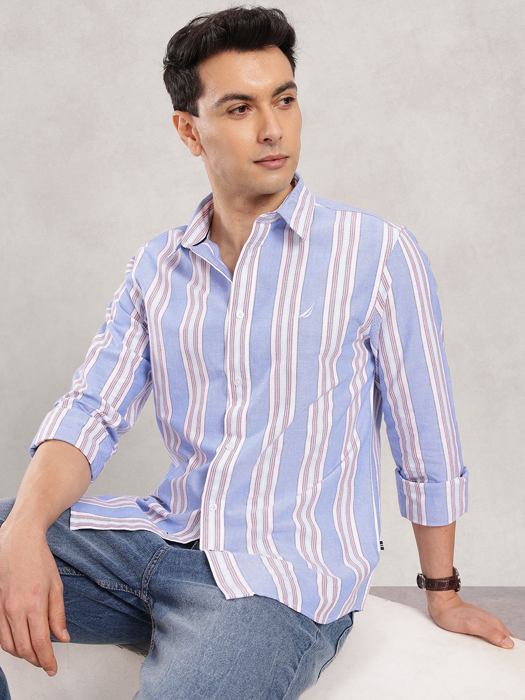 Nautica Slim Fit Striped Pure Cotton Casual Shirt