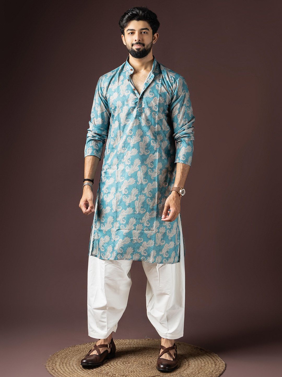 Rawayi Men Ethnic Motifs Printed Festive Cotton Straight Kurta