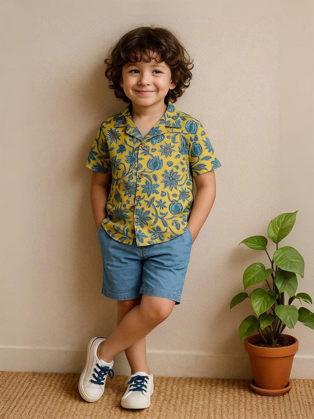 Urban Birdie Boys Comfort Fit Floral Printed Cuban Collar Cotton Casual Shirt
