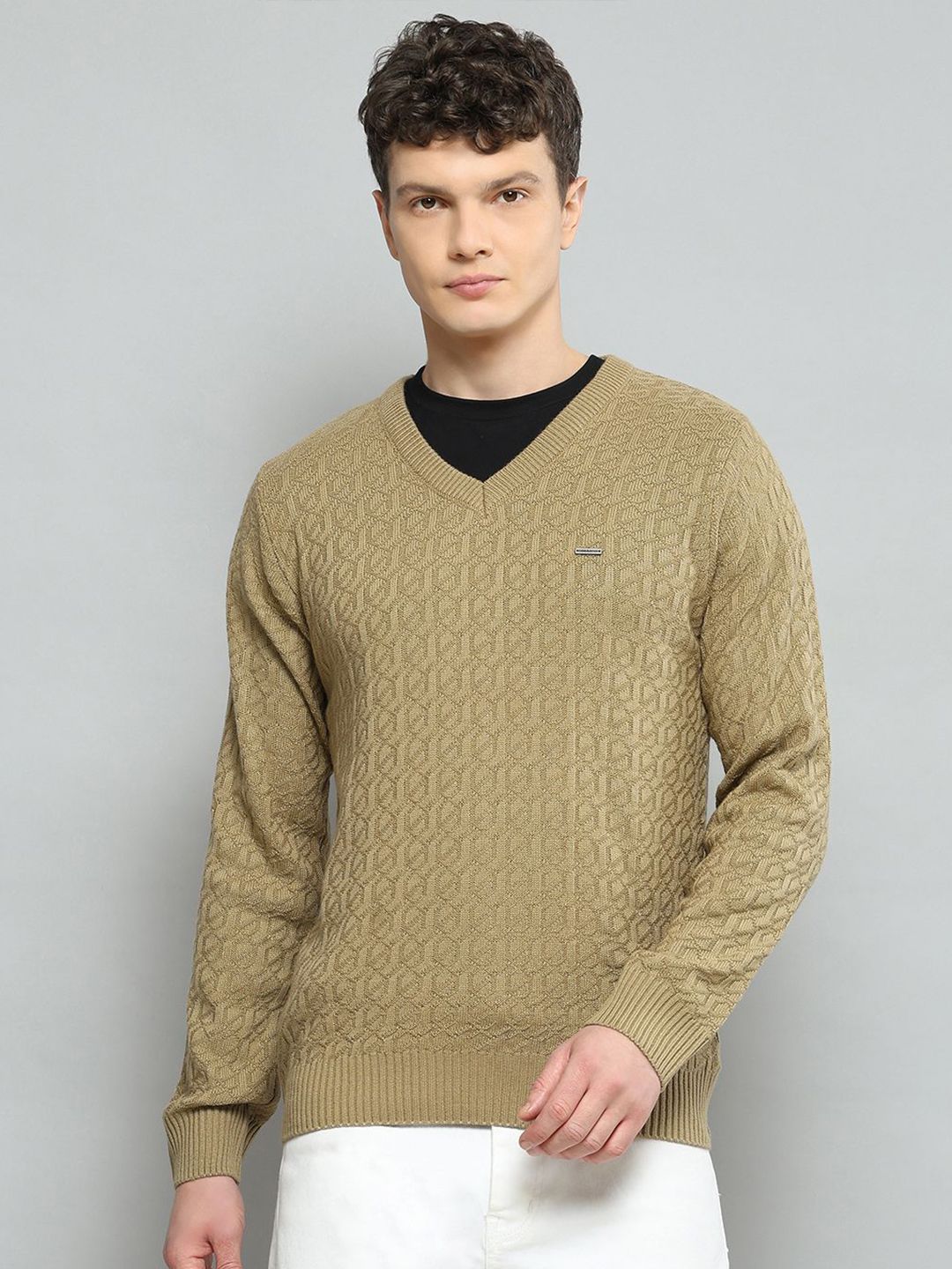 Cloak & Decker Men Self Design V-neck Woollen Pullover Sweaters