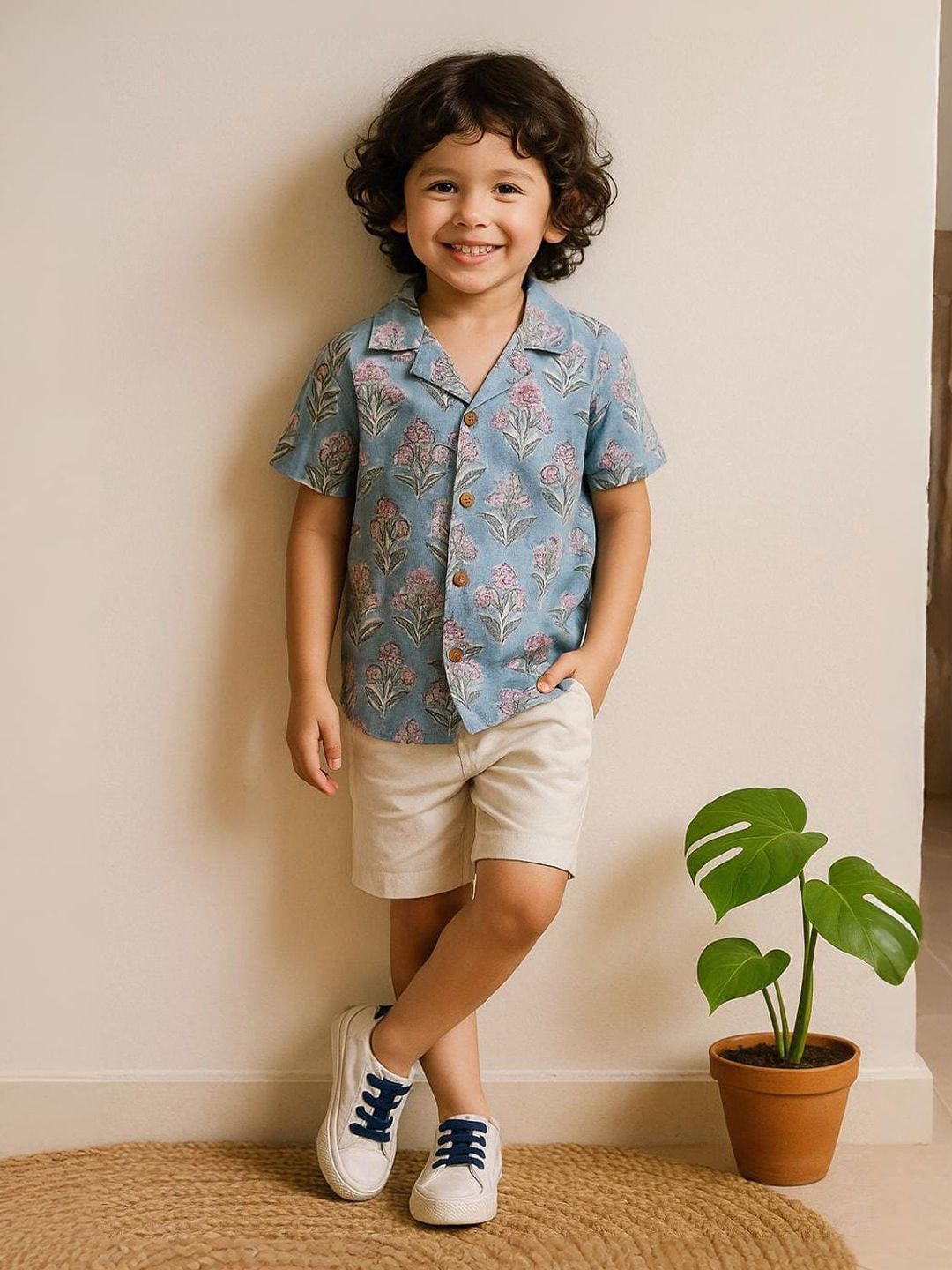 Urban Birdie Boys Comfort Fit Floral Printed Cuban Collar Cotton Casual Shirt