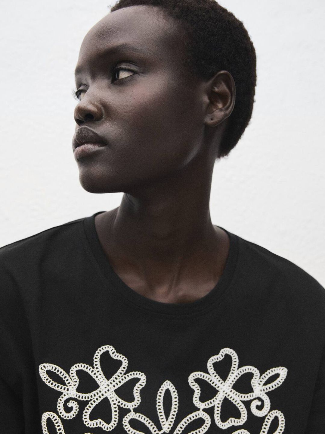 Floral Embroidered Drop-Shoulder Sleeves Relaxed Cotton T-shirt