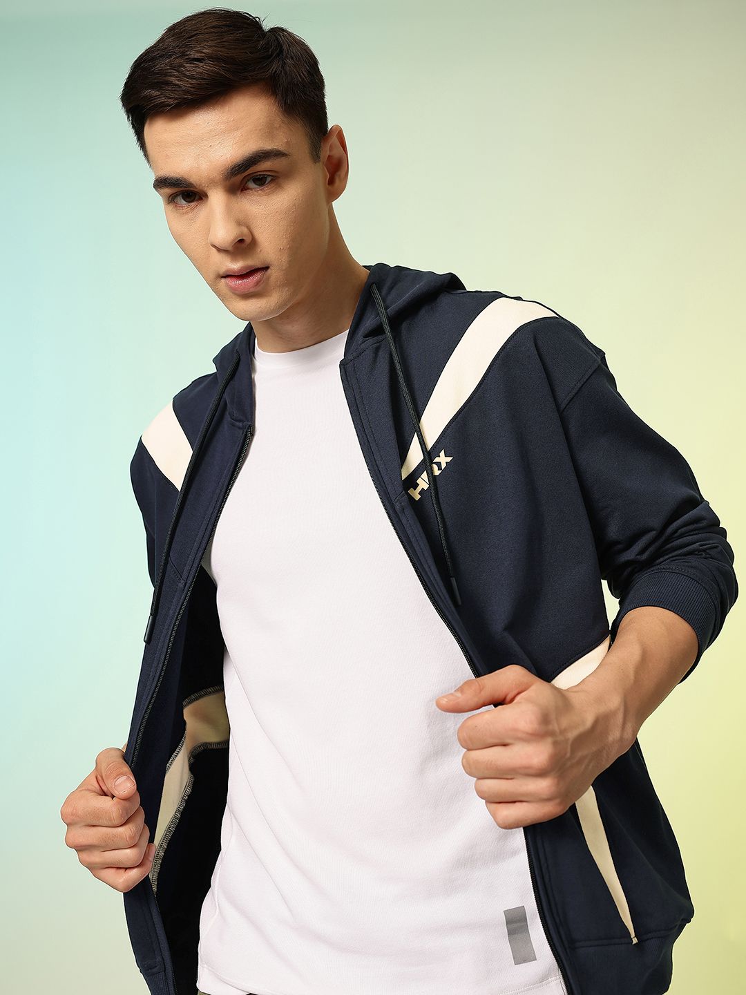 HRX by Hrithik Roshan Striped Hooded Front-Open Pure Cotton Lifestyle Sweatshirt