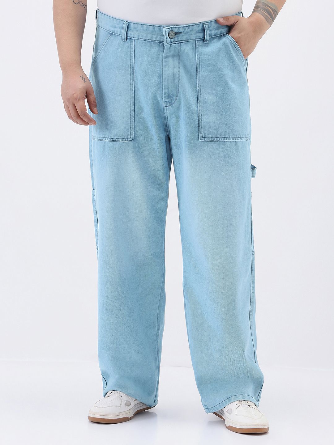 Urbano Plus Men Blue Loose Baggy Fit Mid-Rise Heavy Fade Carpenter Cargo Pockets Jeans