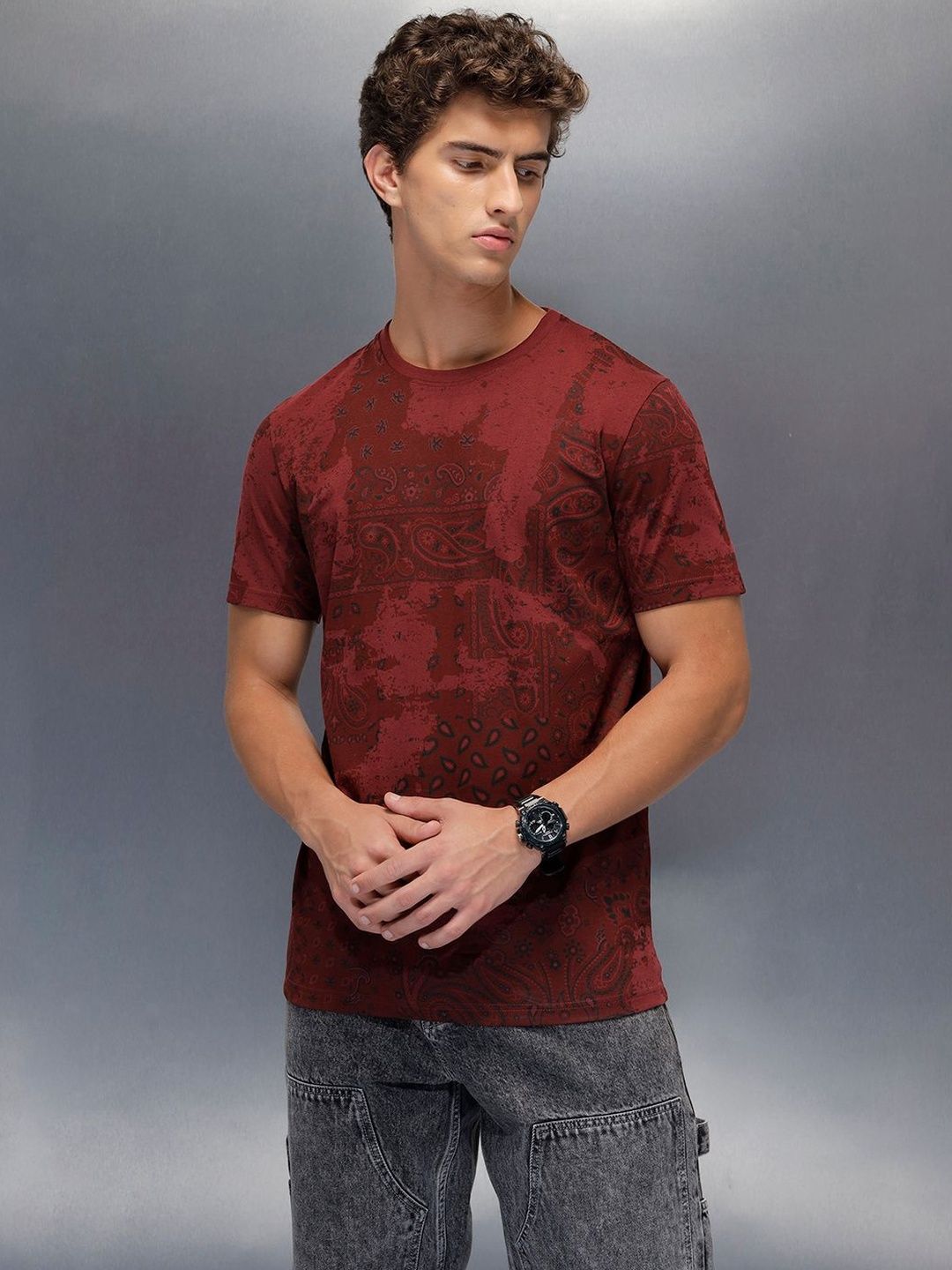 WROGN Printed Short Sleeves Round Neck Pure Cotton T-shirt