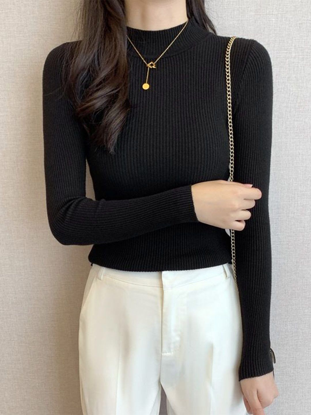 StyleCast x Revolte Striped Self Design High Neck Pullover Sweater