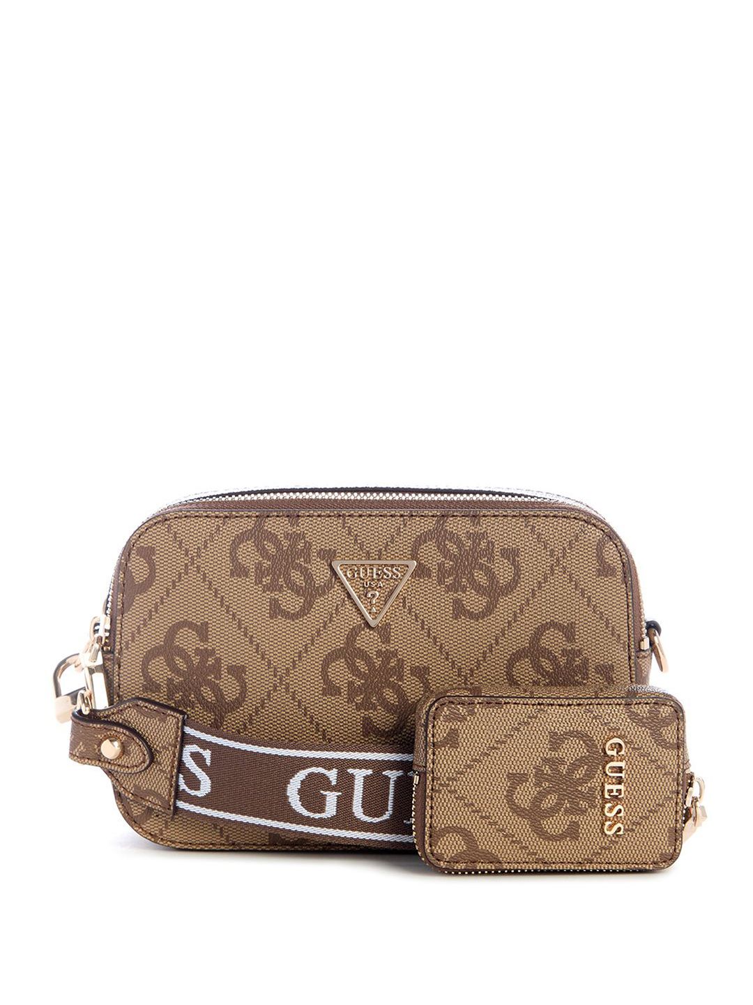 Women Printed Sling Bag GUESS Women Latona Brand Logo Printed Crossbody Cut Work Sling Bag with Pouch