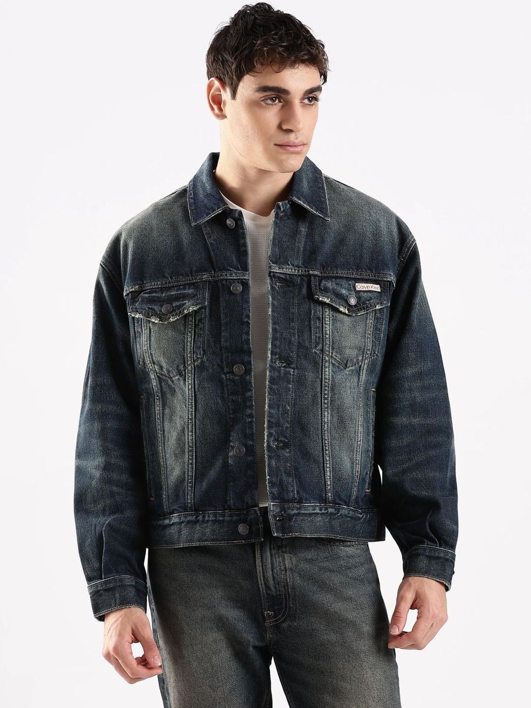 Calvin Klein Jeans Men Spread Collar Washed Denim Jacket