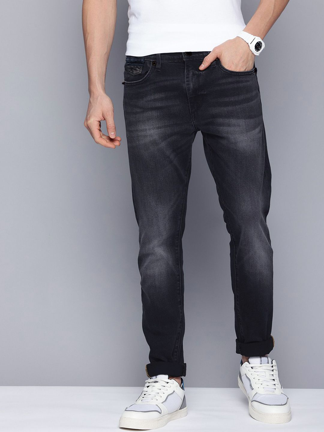 fineblu Men Slim Fit Mid-Rise Heavy Fade Stretchable Jeans