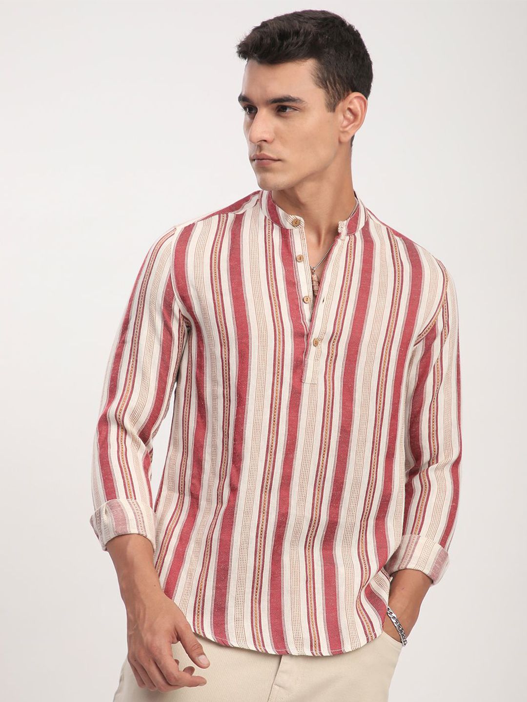 VASTRADO Thread Work Intricate Striped Cotton A-Line Above Knee Kurta