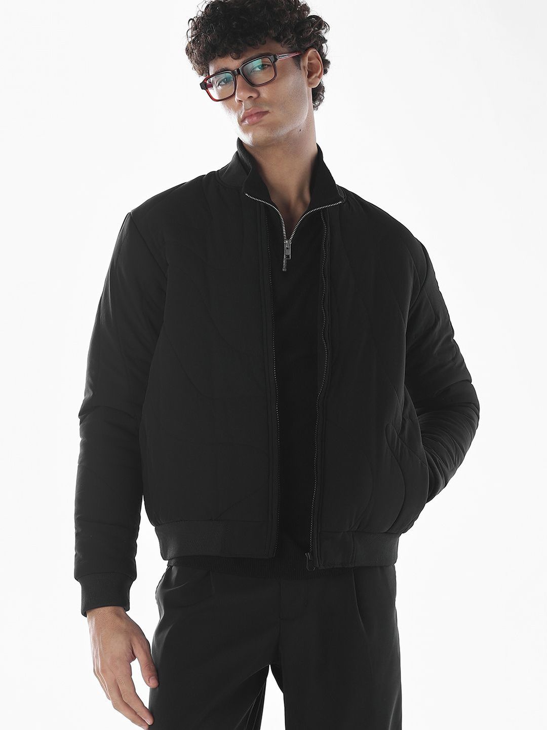 Jack & Jones Men Mock Collar Solid Bomber Jacket