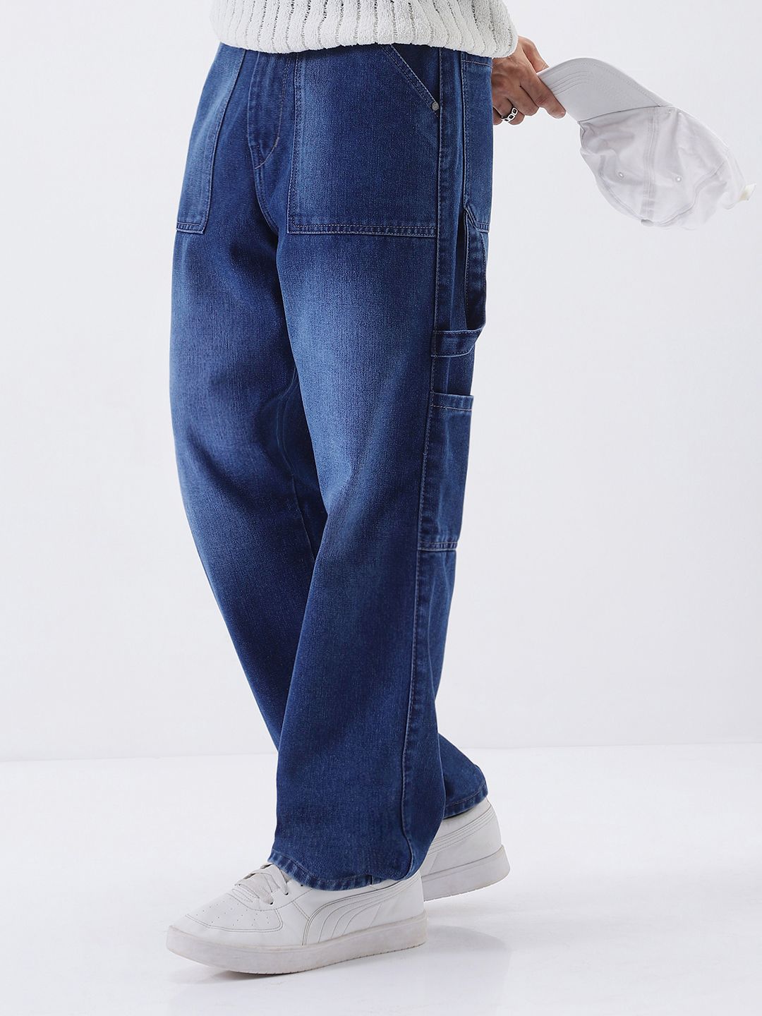 Urbano Fashion Men Blue Loose Baggy Fit Carpenter Cargo Jeans With 6 Pockets Non-Stretchable