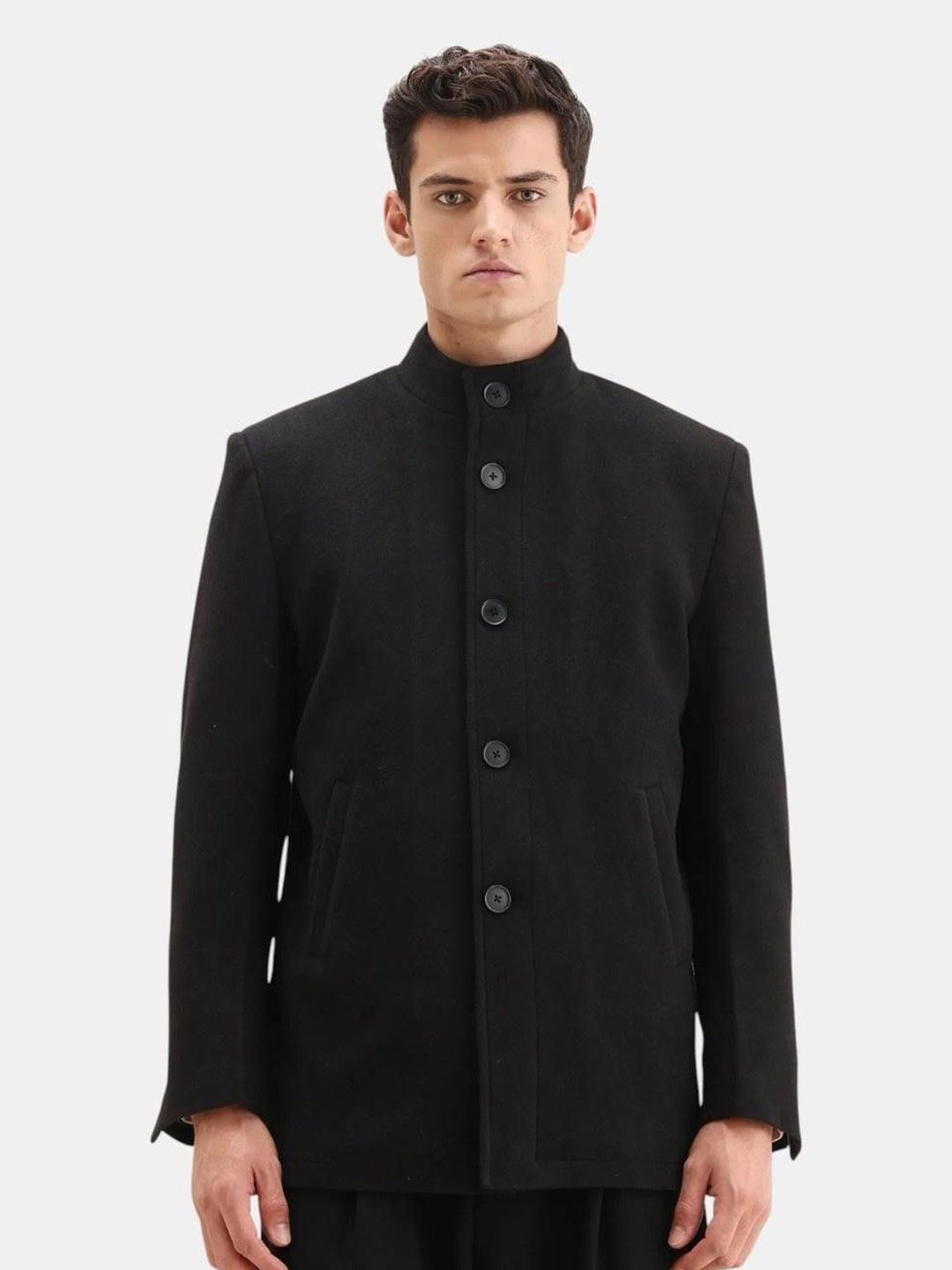 Buy Mast & Harbour Men Solid Stand Collar Long Sleeves Open Front