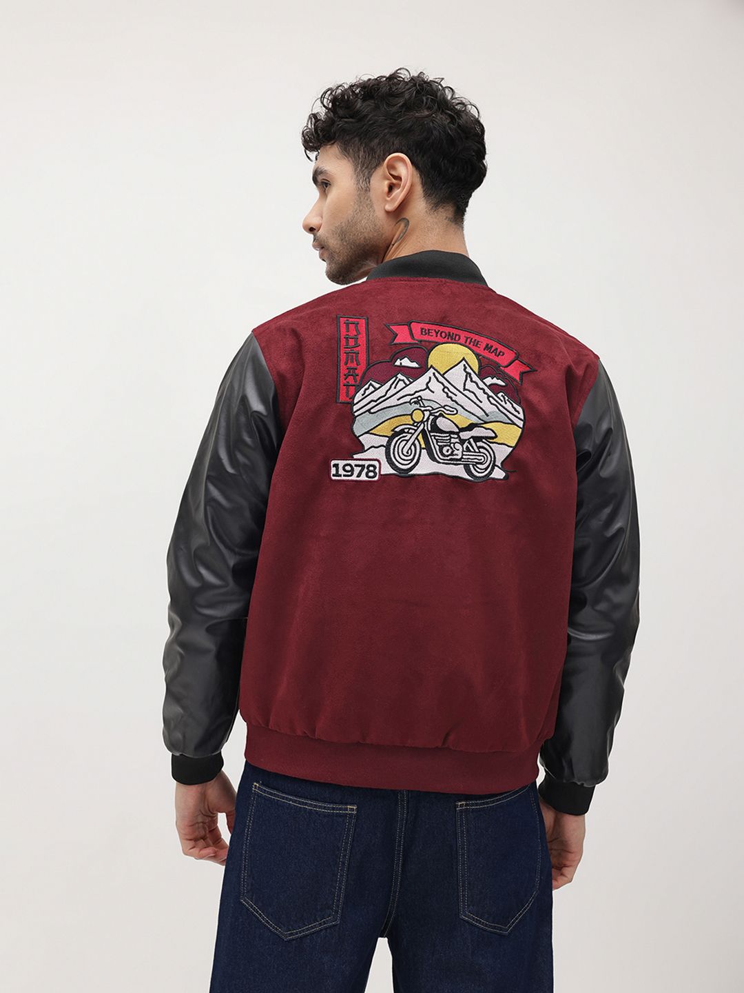 The Roadster Life Co. Suede Finish Embroidered Varsity Jacket