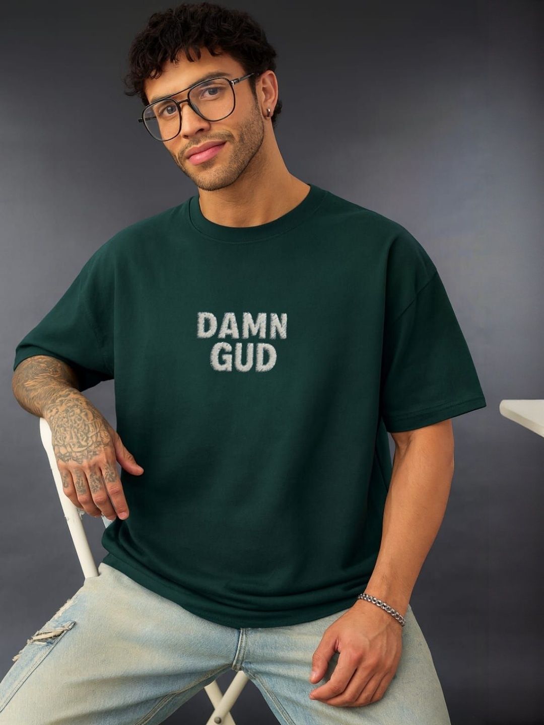 DAMN GUD DG Men Oversized Typography Printed Drop-Shoulder Sleeves Oversized T-shirt