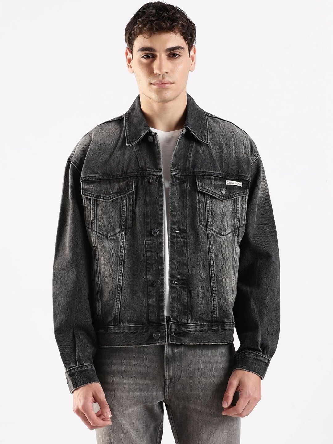 Calvin Klein Jeans Men Spread Collar Washed Solid Denim Jacket