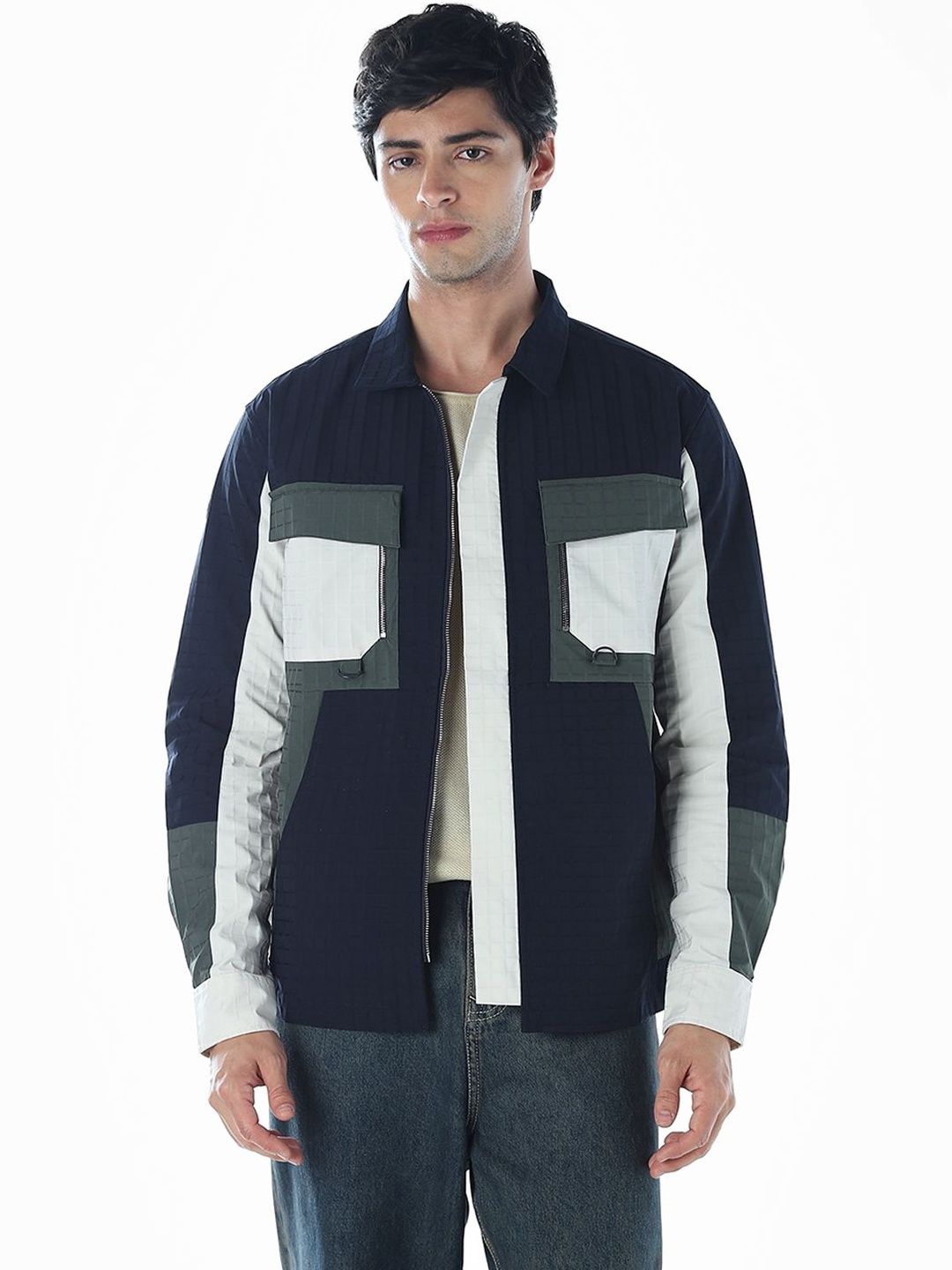 Jack & Jones Men Spread Collar Colourblocked Open Front Jacket