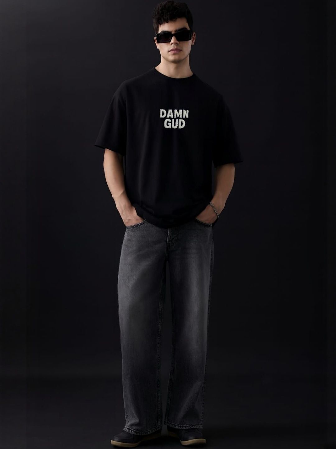 DAMN GUD DG Men's Oversized Typography Printed Drop-Shoulder Sleeves T-shirt