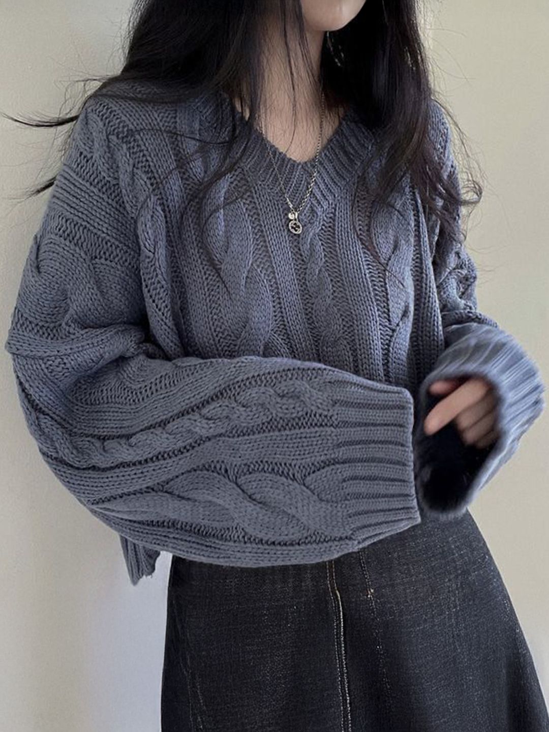 StyleCast x Revolte Self Design V-Neck Cable Knit Pullover