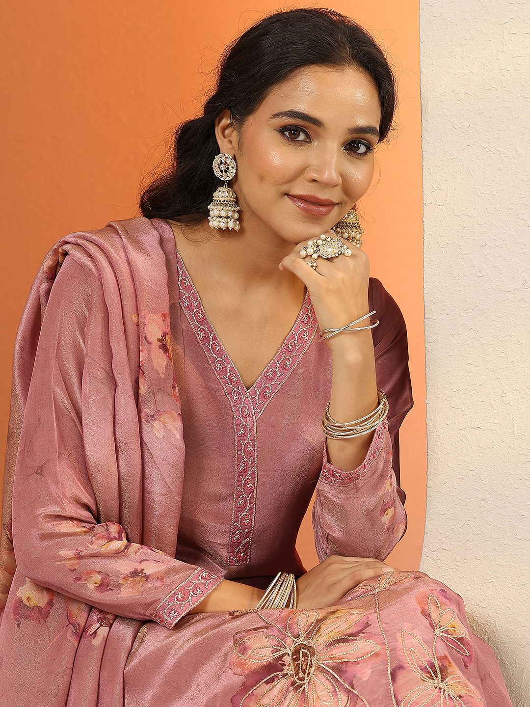 Libas Floral Printed V-Neck Beads & Stones Straight Kurta & Trousers With Dupatta deal from myntra