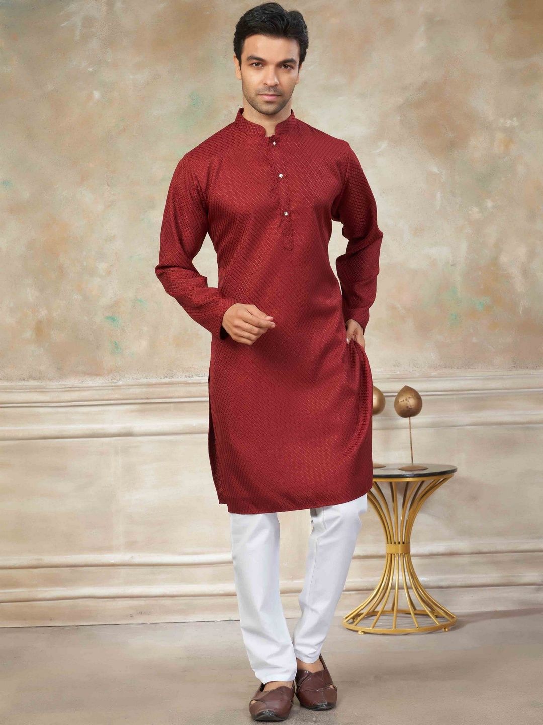House of Pataudi Geometric Printed Mandarin Collar Cotton Straight Kurta