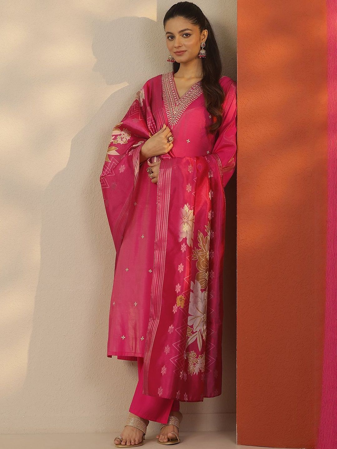 Libas Libas Floral Embroidered Straight Zari Work Kurta With Trouser & Dupatta