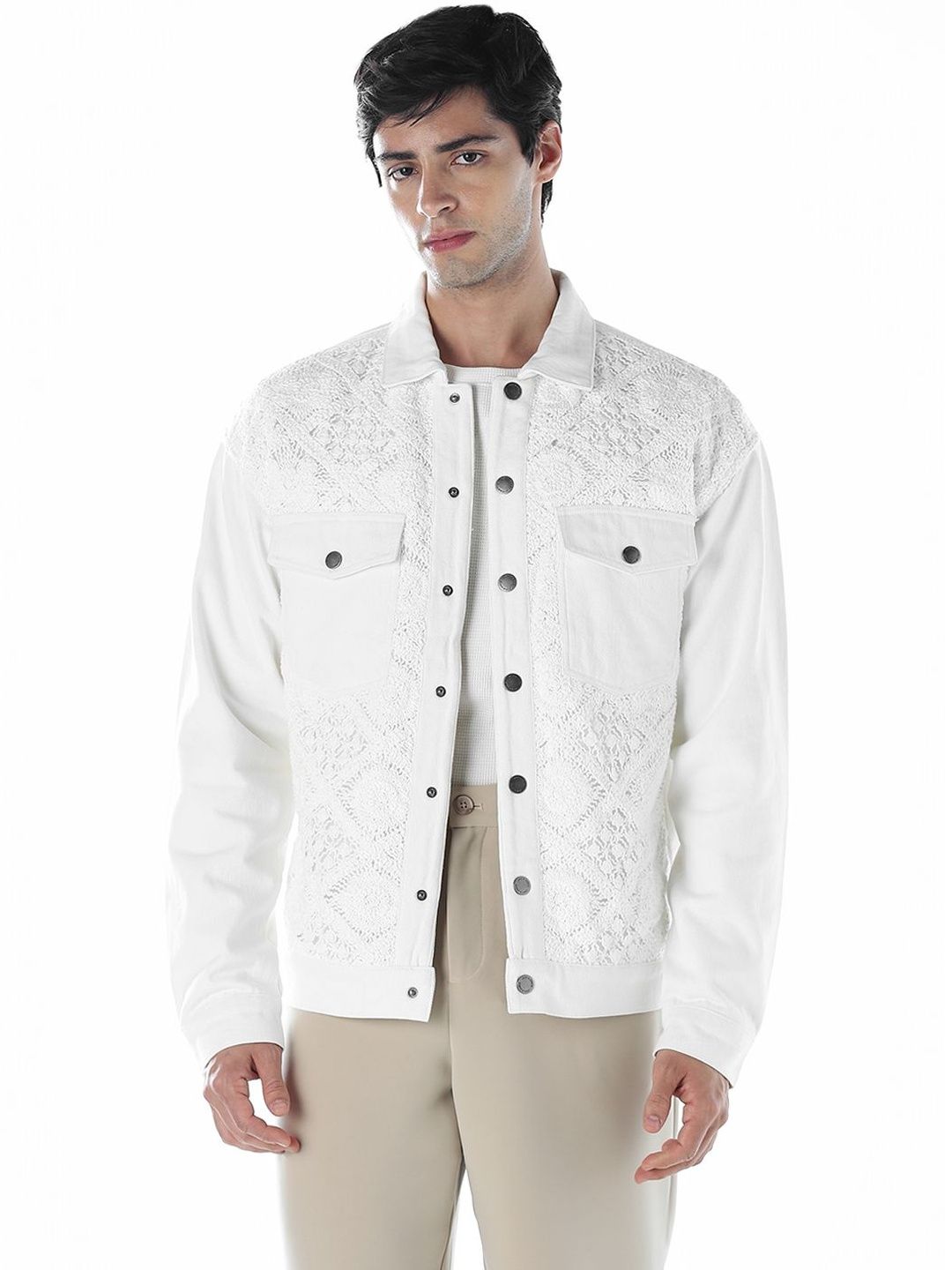 Jack & Jones Men Spread Collar Self Design Denim Jacket