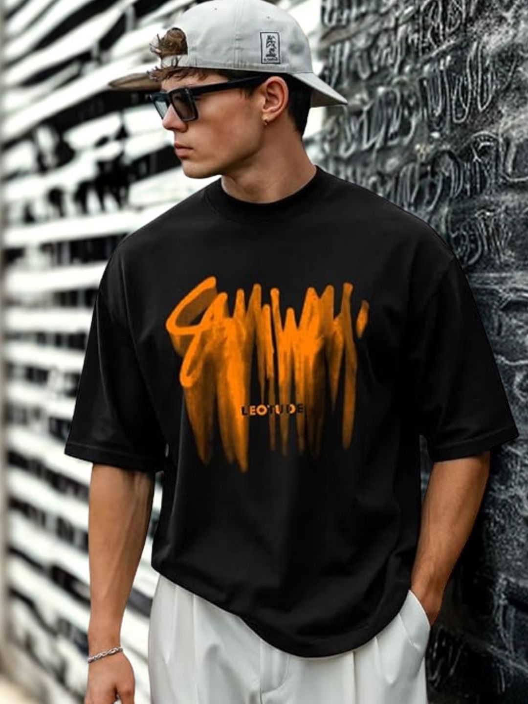 Leotude Men Typography Printed Round Neck Oversized T-shirt
