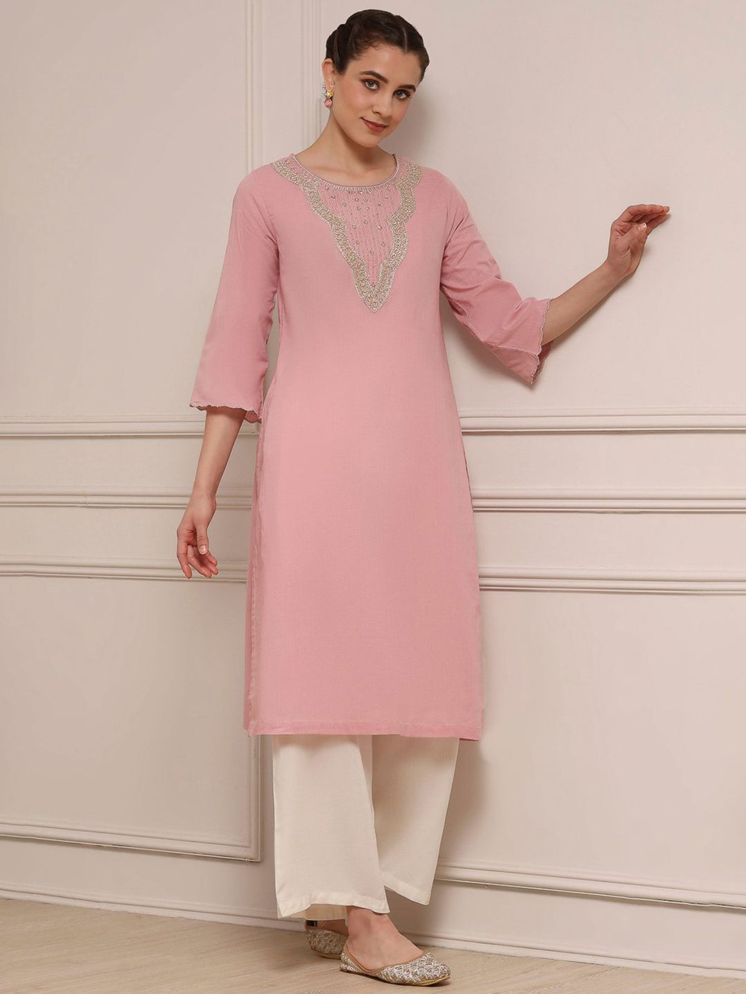 Biba Biba Floral Yoke Design Boat Neck Three-Quarter Sleeves Cotton Kurta