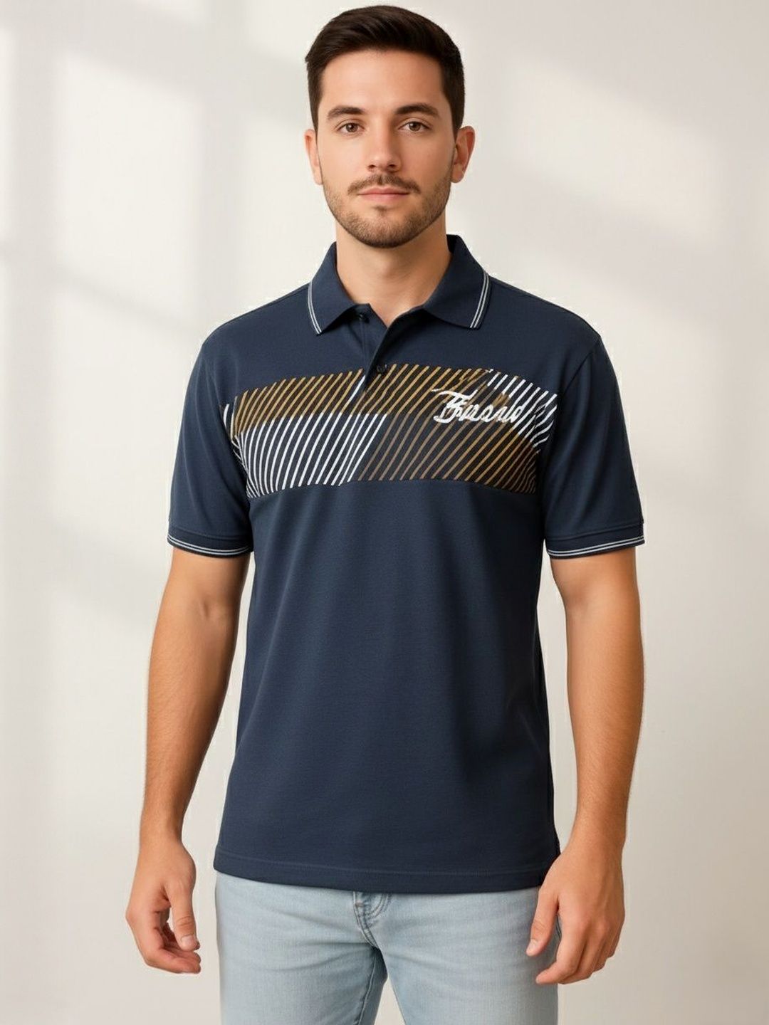 Dollar Men Striped Regular Fit Polo Collar Cotton Short Sleeves T-shirt