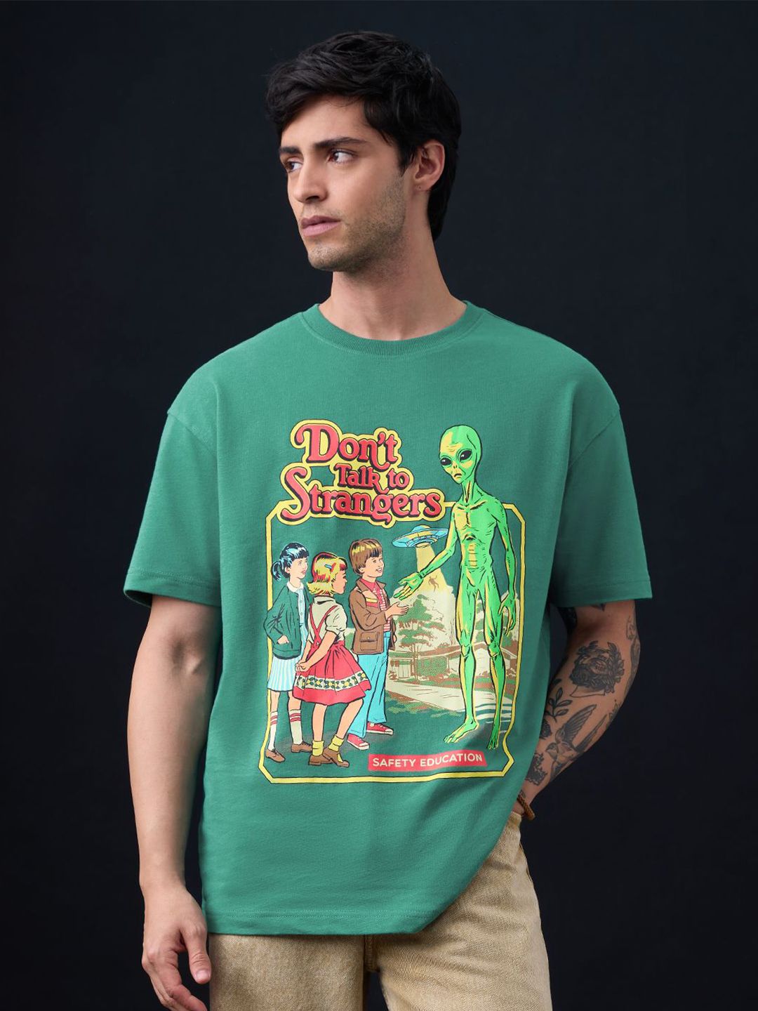 The Souled Store Men Oversized Steven Rhodes Green Tshirts