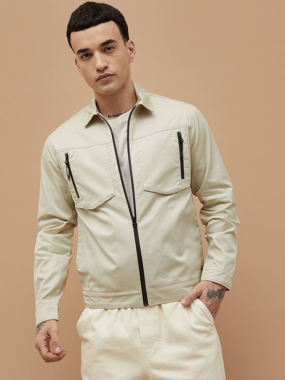 Bossini Men Beige Solid Cotton Regular Jacket
