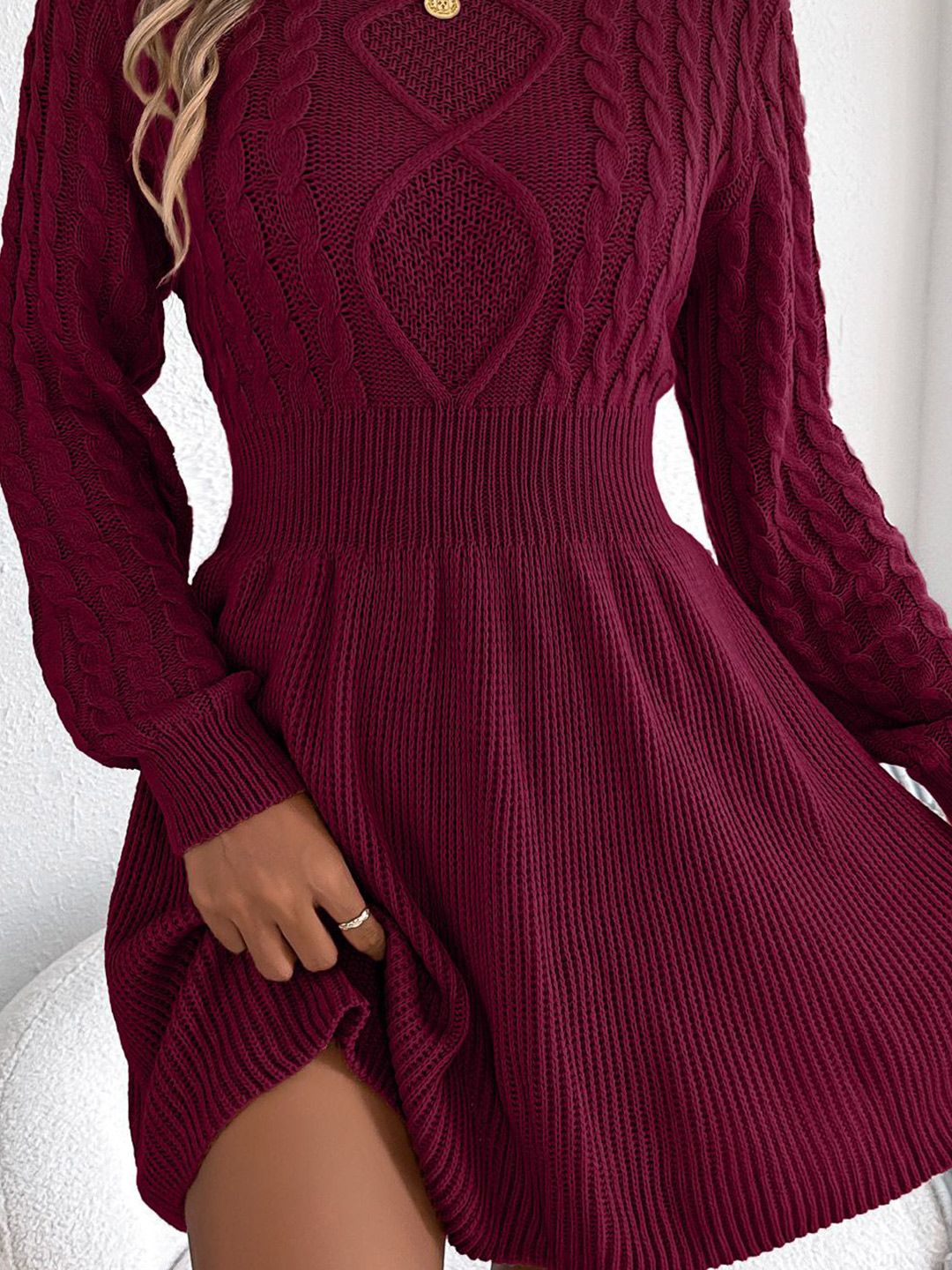 Buy HERE&NOW Women Wine Red Self Design Knitted Fit & Flare Mini