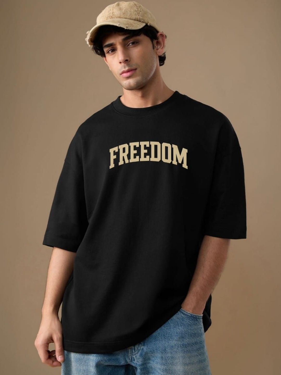 DAMN GUD DG Men's Oversized Typography Printed Drop-Shoulder Sleeves T-shirt