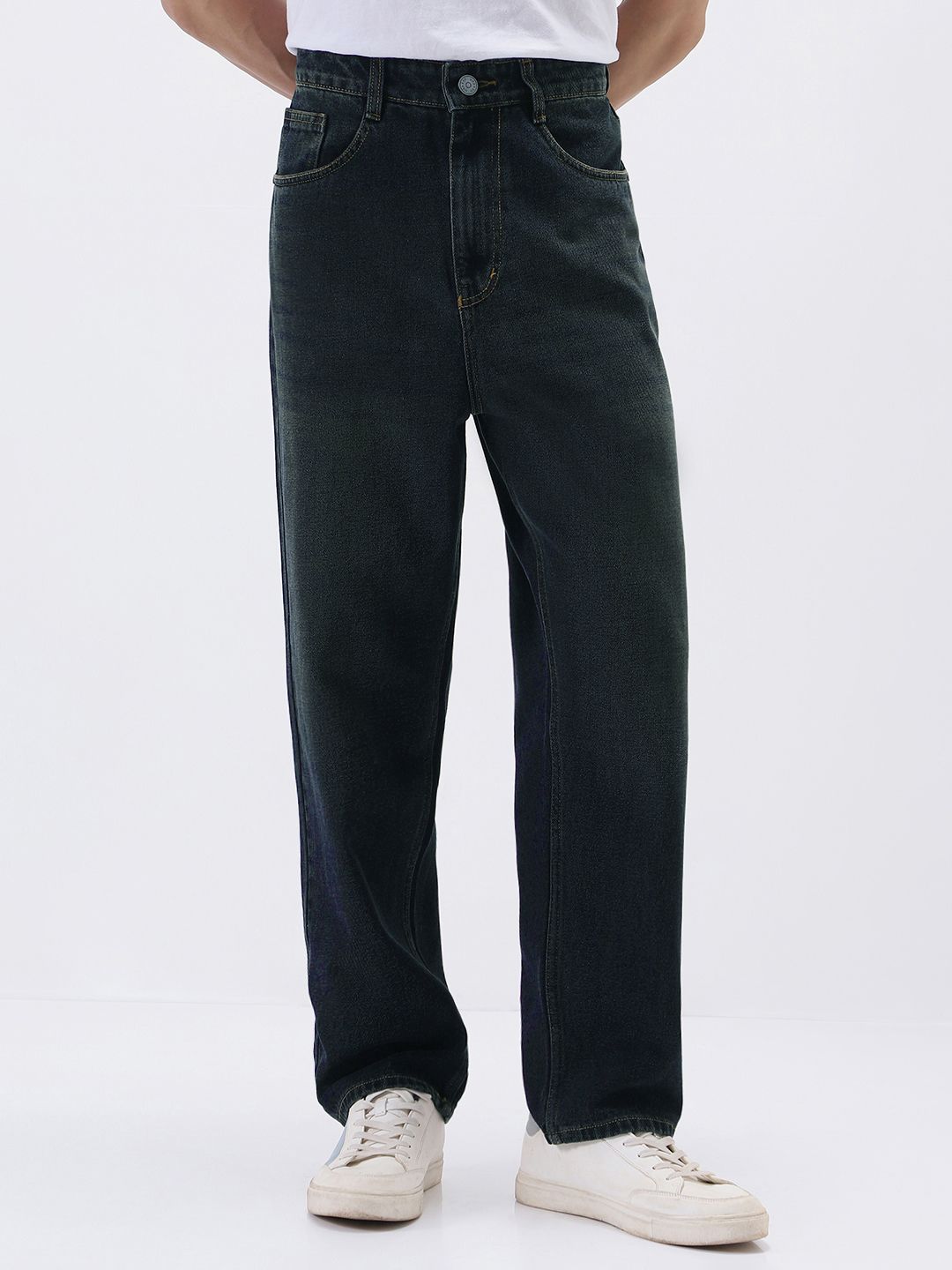 Urbano Fashion Men Loose Baggy Fit Mid-Rise Heavy Fade Non-Stretchable Cotton Jeans