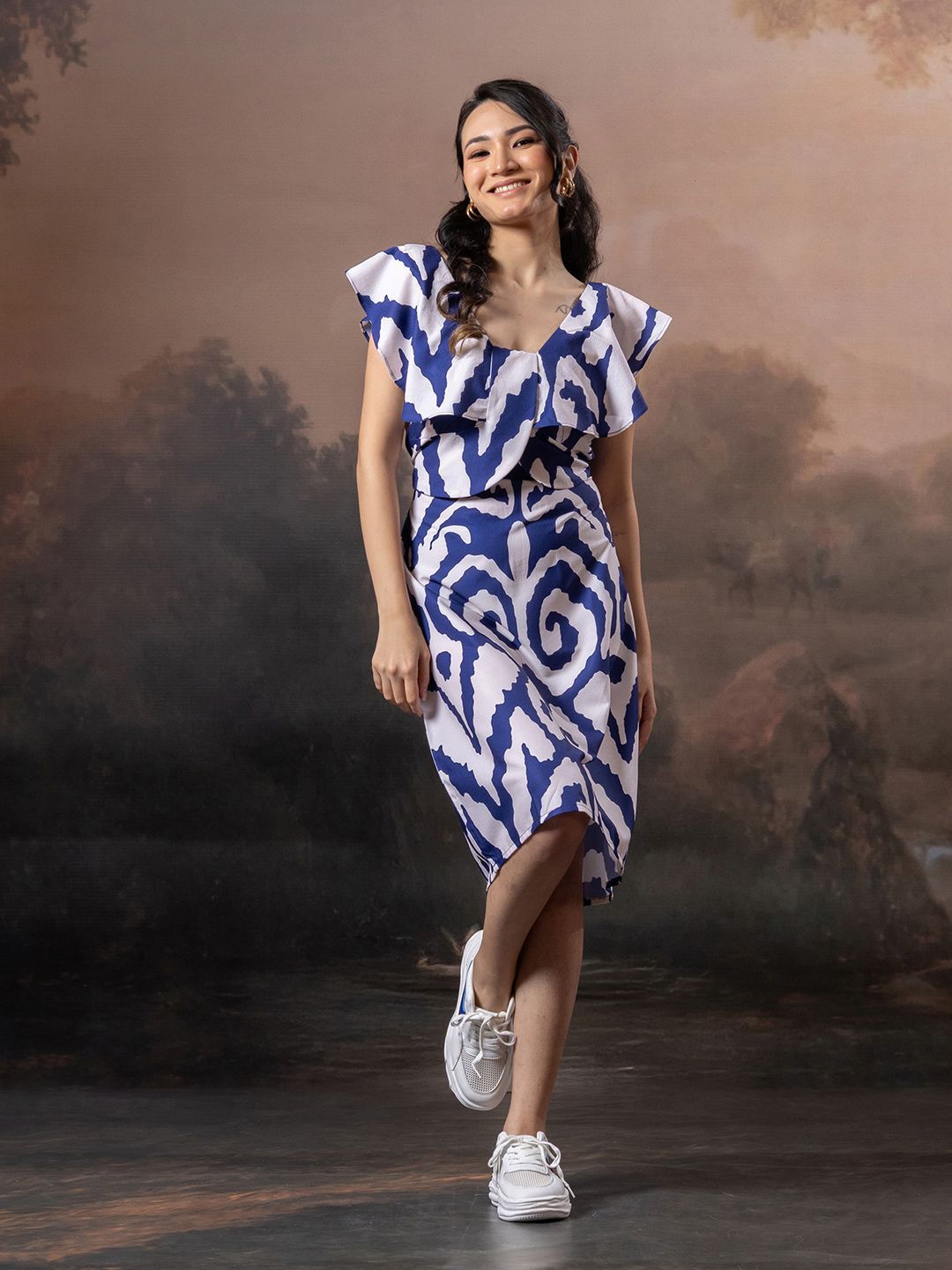 Amarasha Print Flutter Sleeve Ruffled A-Line Dress