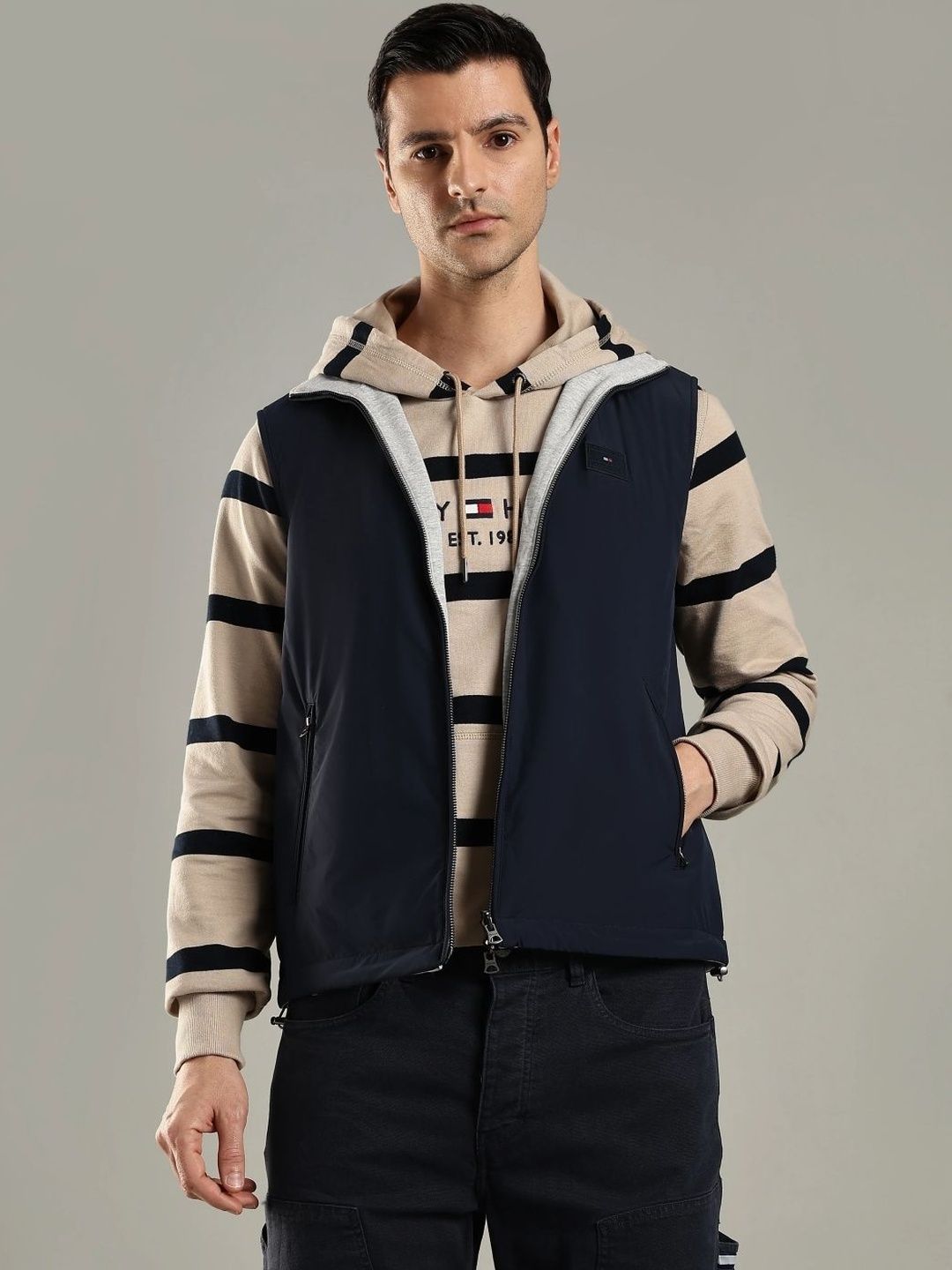 Tommy Hilfiger Mock Collar Sleeveless Tailored Jacket
