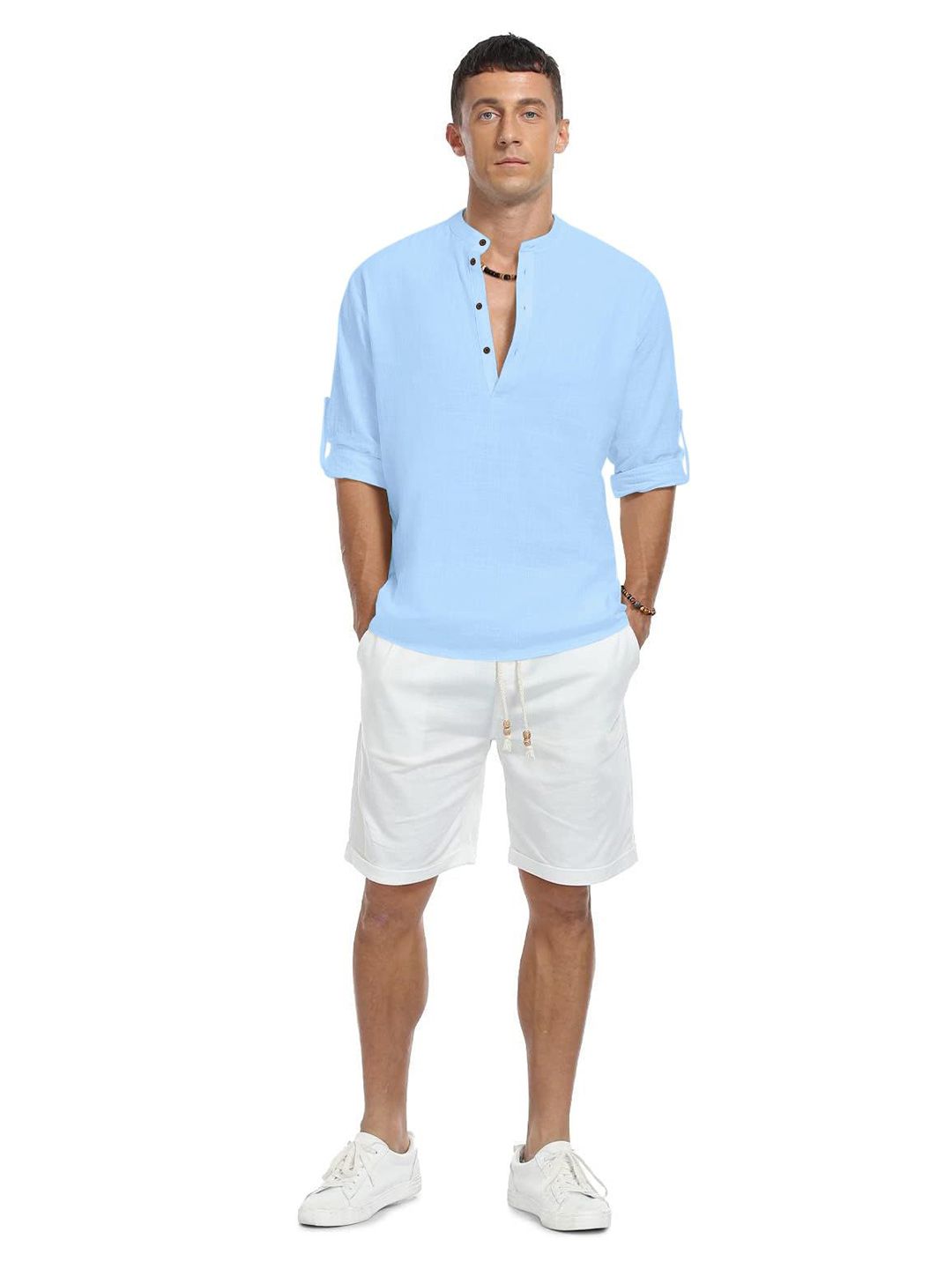ZELINCO Mandarin Collar Roll-Up Sleeves Straight Short Kurta