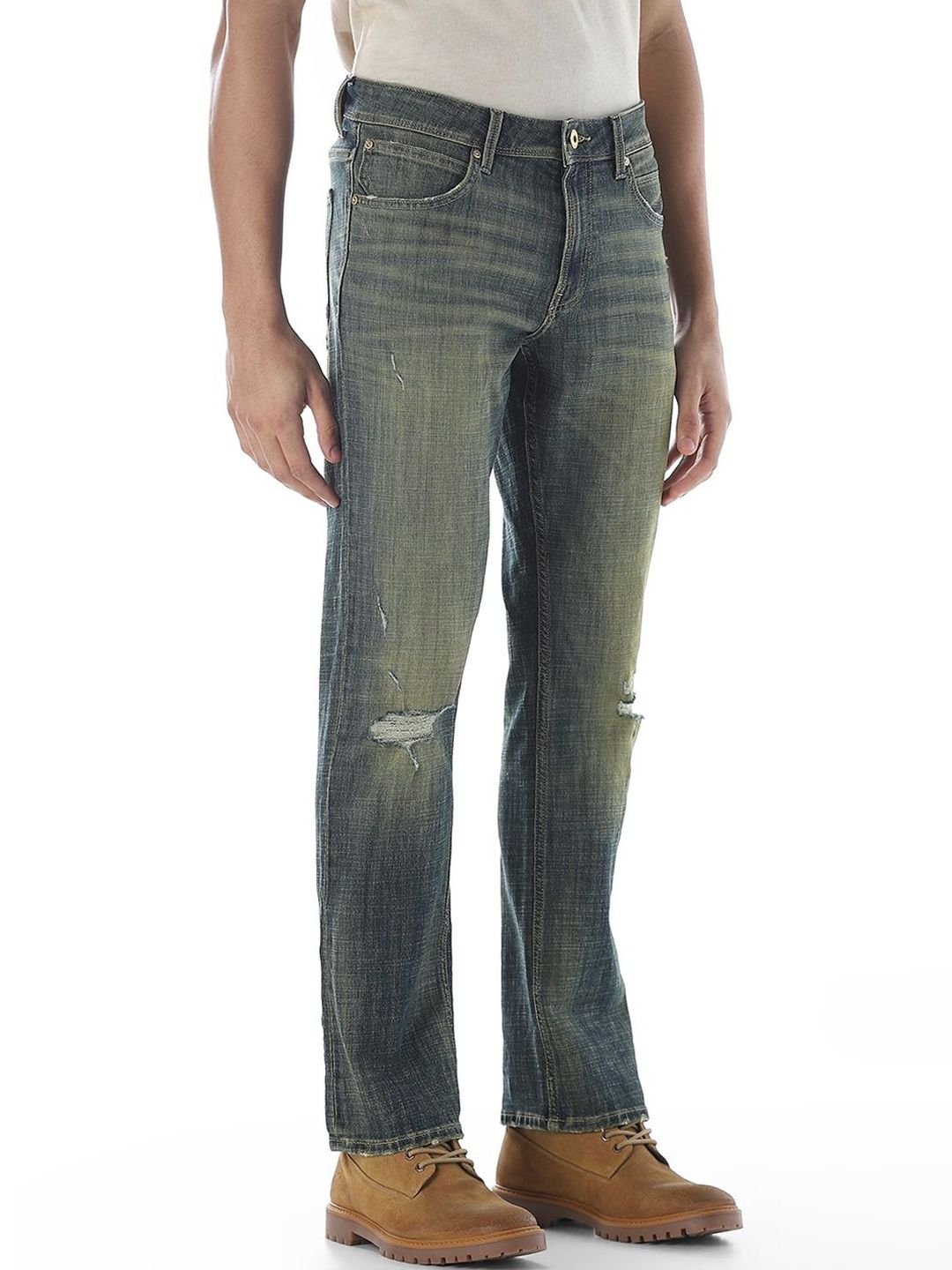 Regular Fit Low-Rise Mildly Distressed Heavy Fade Stretchable Jeans
