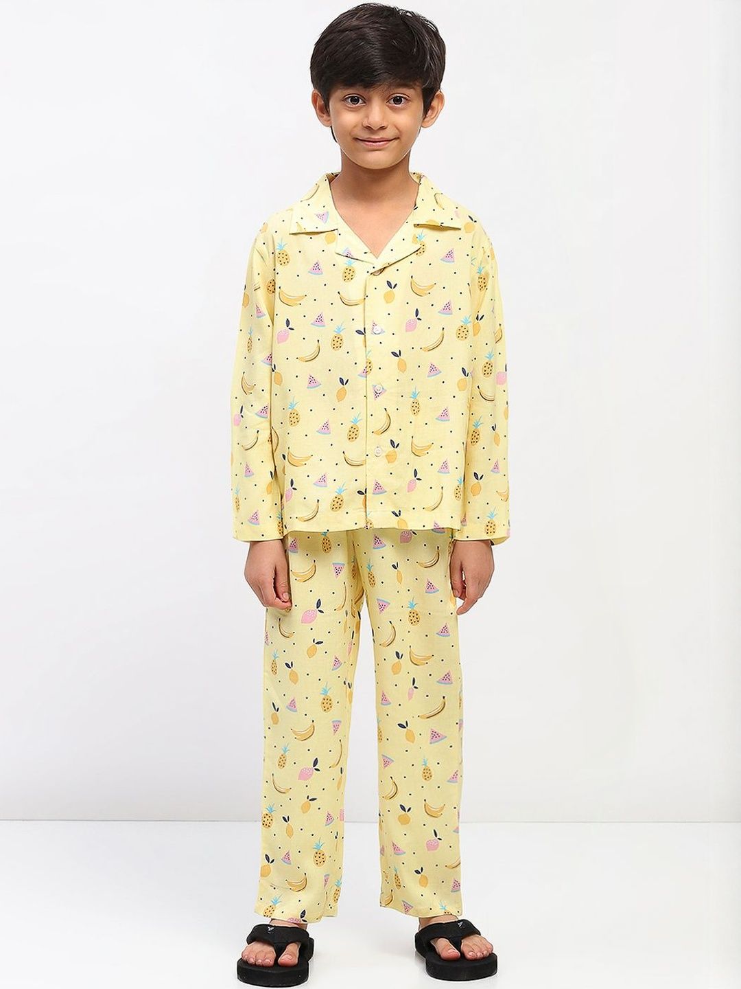 SPUNKIES Boys Lapel Collar Printed Shirt with Pyjama Night suit