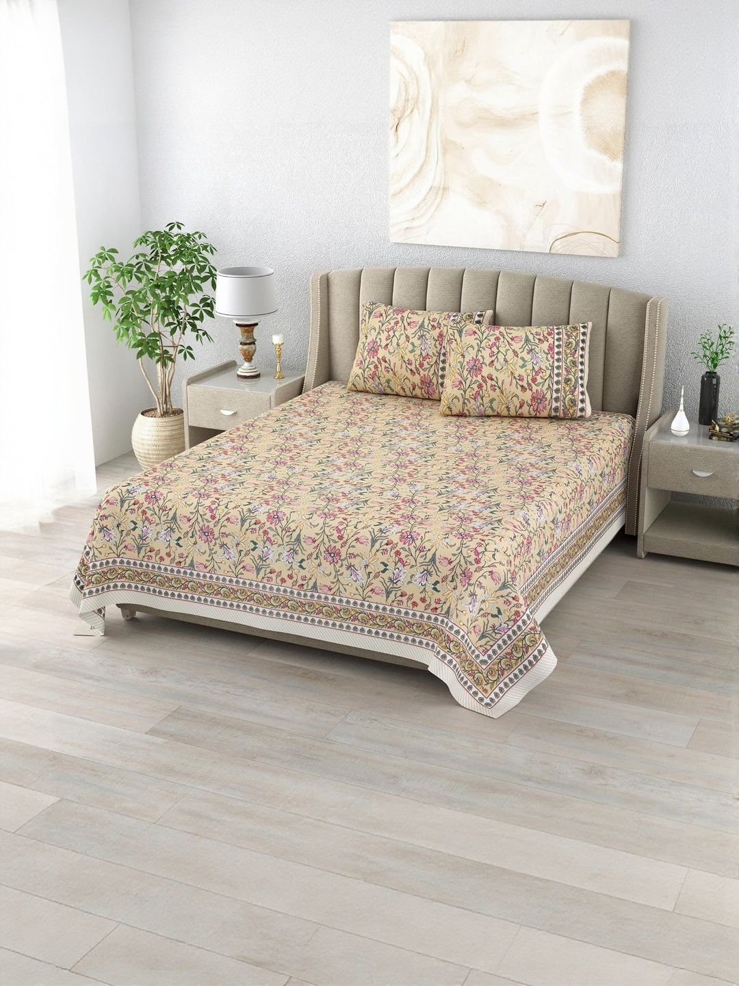 elanorhomes Yellow Printed Cotton 240 TC Fine King Bedsheet & 2 Pillow Covers 107