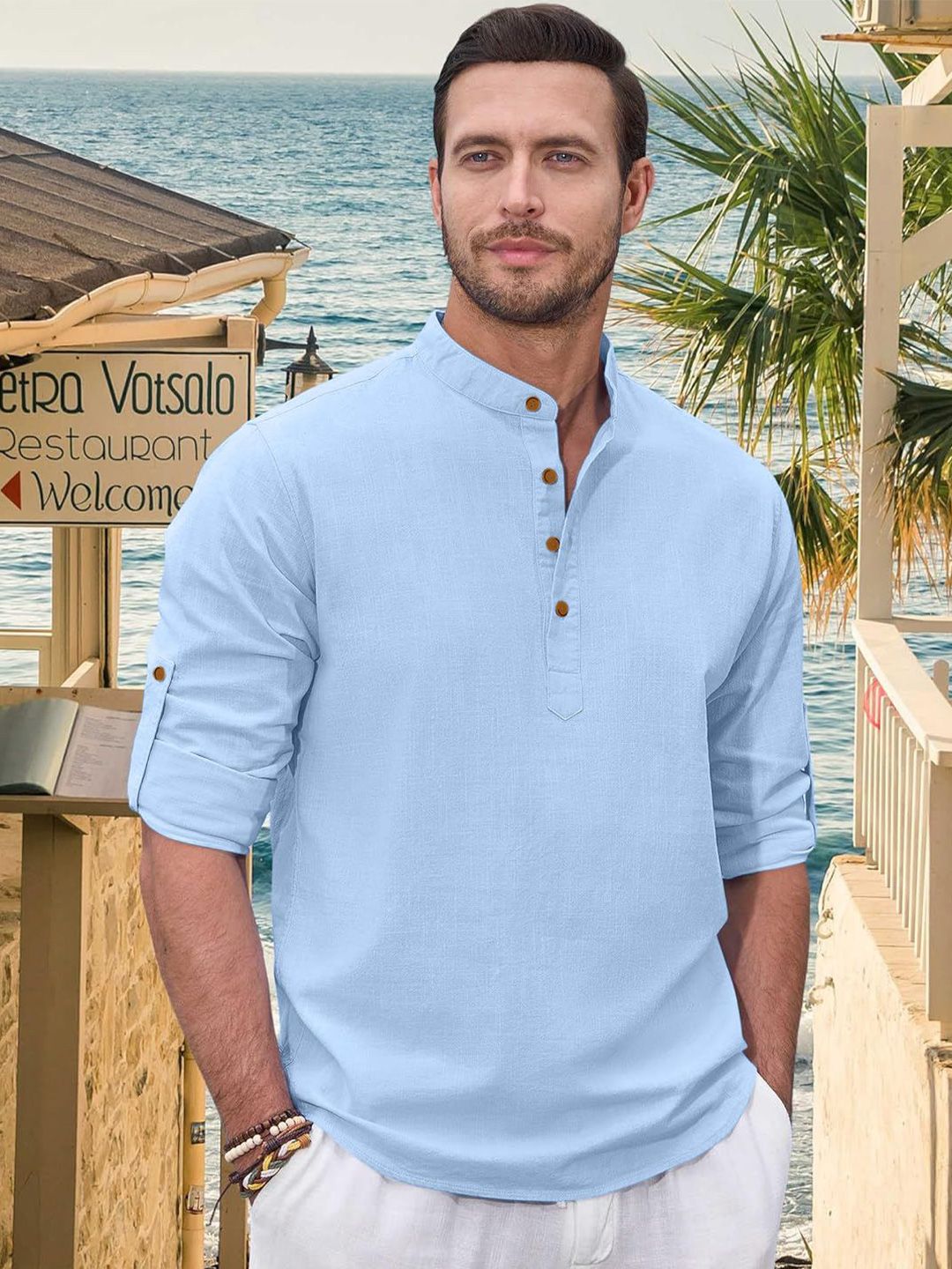 ZELINCO Mandarin Collar Roll-Up Sleeves Straight Short Kurta