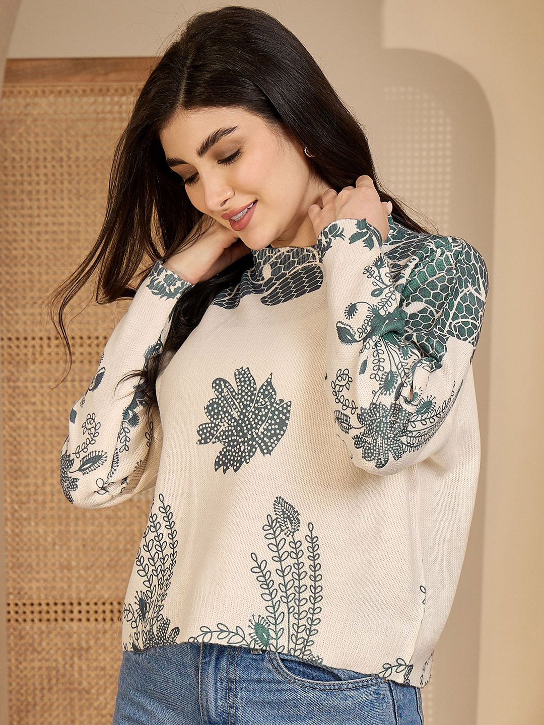 Sangria Women Winter Floral Printed Woolen Pullover Sweater