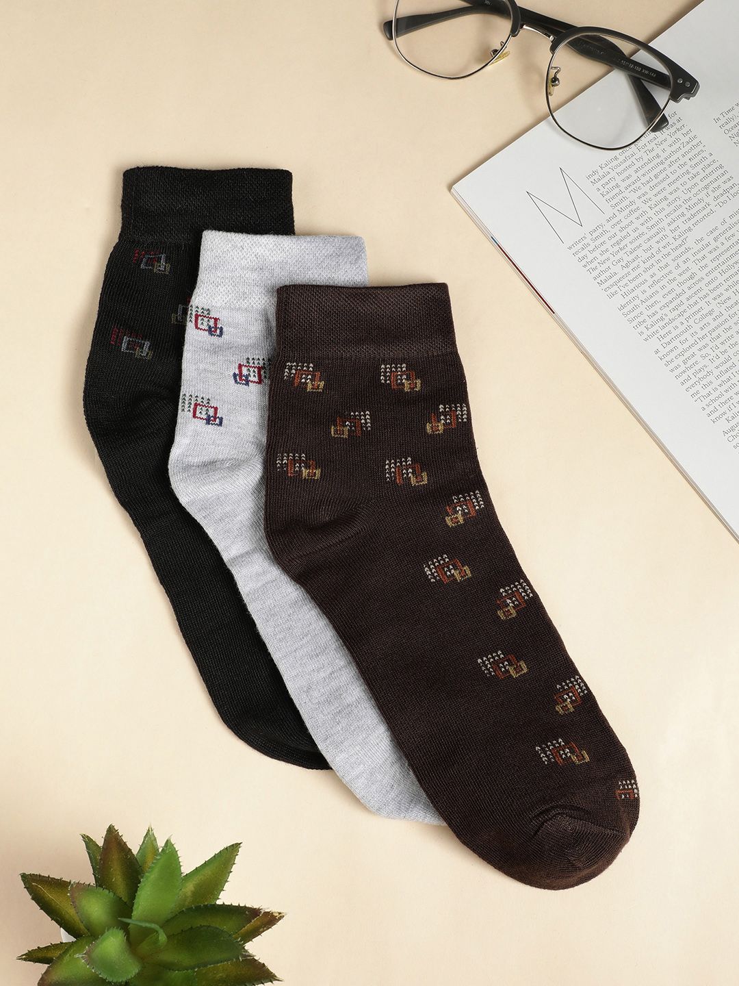 Teakwood Leathers Men Pack Of 3 Pure Cotton Patterned Above Ankle-Length Socks