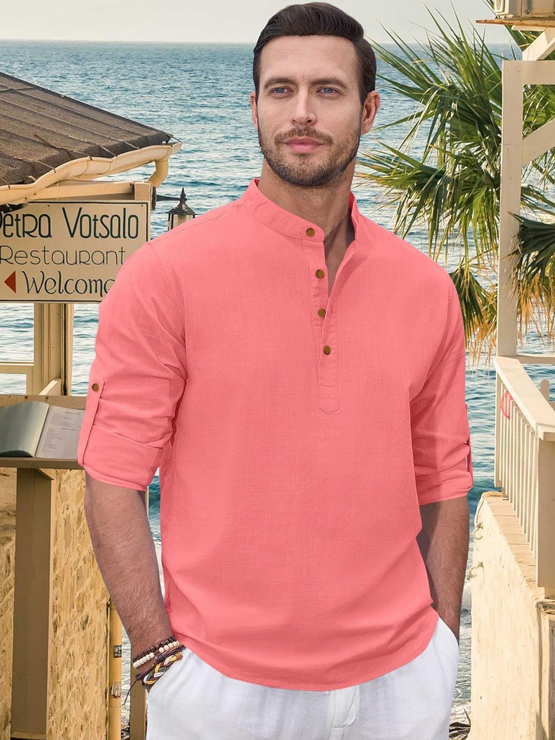 ZELINCO Mandarin Collar Roll-Up Sleeves Straight Short Kurta